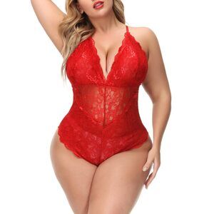 4880 Sexy Plus Size Lingerie Snap Crotch Lace Bodysuit Teddy Babydoll Deep